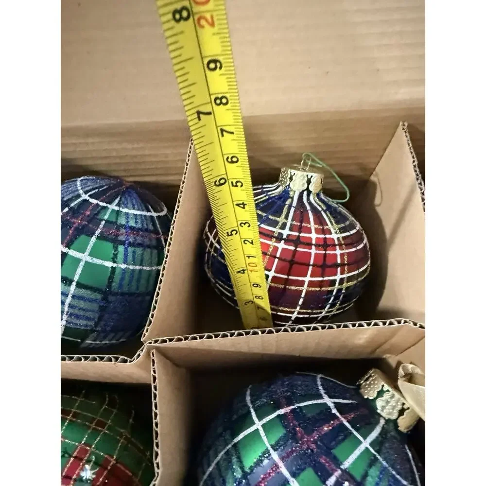Vintage Jeffrey Banks Home Ornaments Set of 8 Large Plaid Glass Ornaments w/ Box